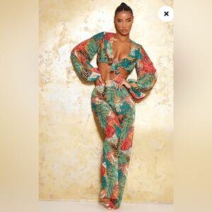 Orange Big Leaf Wide Leg Beach Top and Trousers size 6